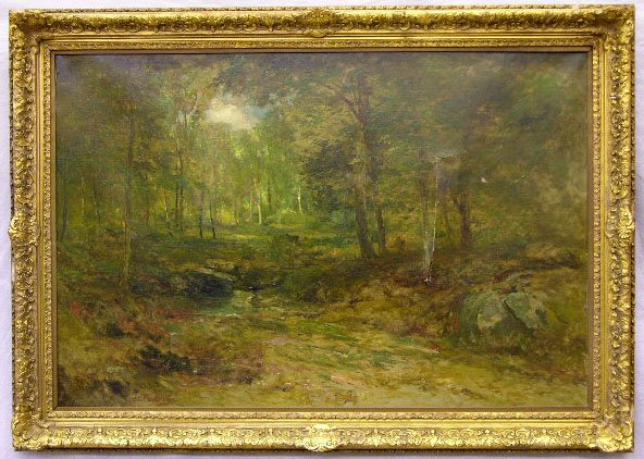 Roswell Morse Shurtleff (1839-1915), "Heart of the: Roswell Morse Shurtleff (1839-1915), "Heart of the Forest," 19th c., oil on canvas, signed l.l., in a gilt and gesso frame, as found, H.- 32 3/8 in., W.- 46 1/8 in.