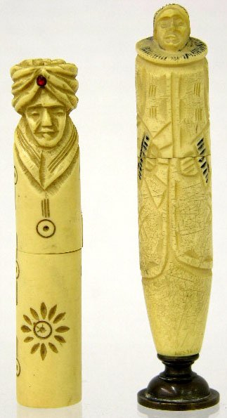 Two Carved Ivory Figural Needle Cases, early 20th: Two Carved Ivory Figural Needle Cases, early 20th c., one mounted with a seal desk stamp.