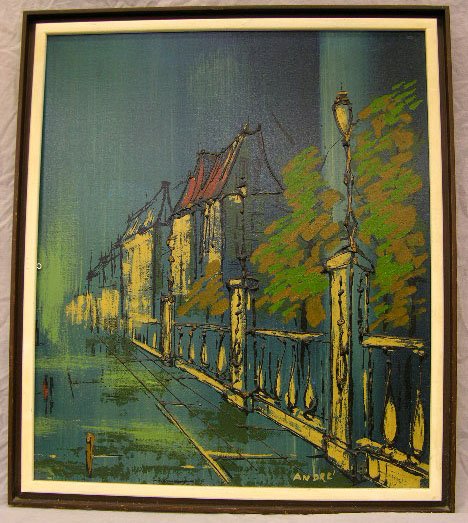 Andre, French School, "Continental Street Scene," : Andre, French School, "Continental Street Scene," 20th c., oil on masonite, signed l.r., framed, H.- 28 1/4 in., W.- 24 in.