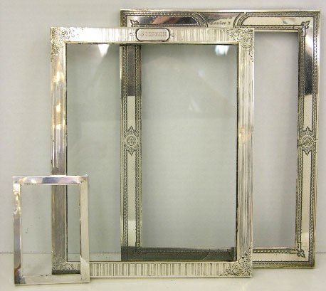 Three Sterling Table Top Easel Picture Frames, ea: Three Sterling Table Top Easel Picture Frames, early 20th c., Int. Dimensions, H.- 2 1/4 in., W.- 3 3/4 in., H.- 9 1/4 in., W.- 6 3/4 in., H.- 9 1/8 in., W.- 7 1/8 in.