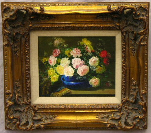 Continental School, "Floral Still Life in a Blue : Continental School, "Floral Still Life in a Blue Bowl," 20th c. Oil on canvas, signed indistinctly l. r., presented in a gilt frame, H.- 8 in., W.- 10 in.