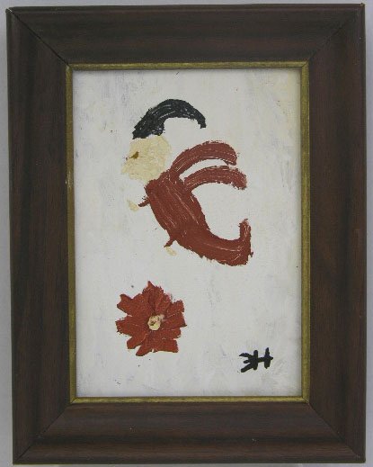 Clementine Hunter (1887-1988), "Flying Angel in Re: Clementine Hunter (1887-1988), "Flying Angel in Red," c. 1970, oil on cardboard, signed l.r., framed, H.- 7 in., W.- 5 in.
