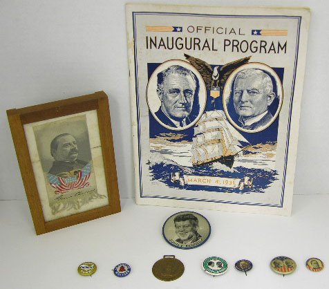 Group of Ten Pieces of Political Memorabilia- Grov: Group of Ten Pieces of Political Memorabilia- Grover Cleveland Stevengraph campaign ribbon; Taft and Sherman brass medallion; Bryan and Stevenson button, 1900; John Kennedy Button; Warren G. Harding B