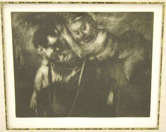 Jack Levine (1915- ), "Self-Portrait with Muse,": Jack Levine (1915- ), "Self-Portrait with Muse," 1966, mezzotint, trial print, pencil marked "Trial Proof" l.l. margin, pencil signed l.r. margin, framed, H.- 11 1/2 in., W.- 14 in.