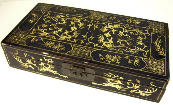 Oriental Lacquered Papier Mache Document Box, late: Oriental Lacquered Papier Mache Document Box, late 19th c., with gilt gryphon decoration, H.- 3 in., W.- 13 in., D.- 6 7/8 in.