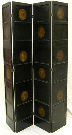 Tall Folding Four Part Ebonized Dressing Screen, e: Tall Folding Four Part Ebonized Dressing Screen, early 20th c., each section with six recessed panels, some decorated with decoupage medallions of classical heads, H.- 80 1/2 in., Total W.- 64 in.