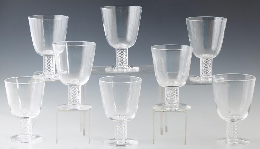 Set of Eight Steuben Airtwist Glass Spiral Stem Red: Set of Eight Steuben Airtwist Glass Spiral Stem Red Wine Goblets , designed by George Thompson in 1950, with etched Steuben signature on the underside, H.- 5 3/4 in., Dia.- 3 7/8 in.