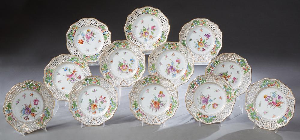 Set of Twelve Dresden Reticulated Porcelain Plates, (1 of 3)