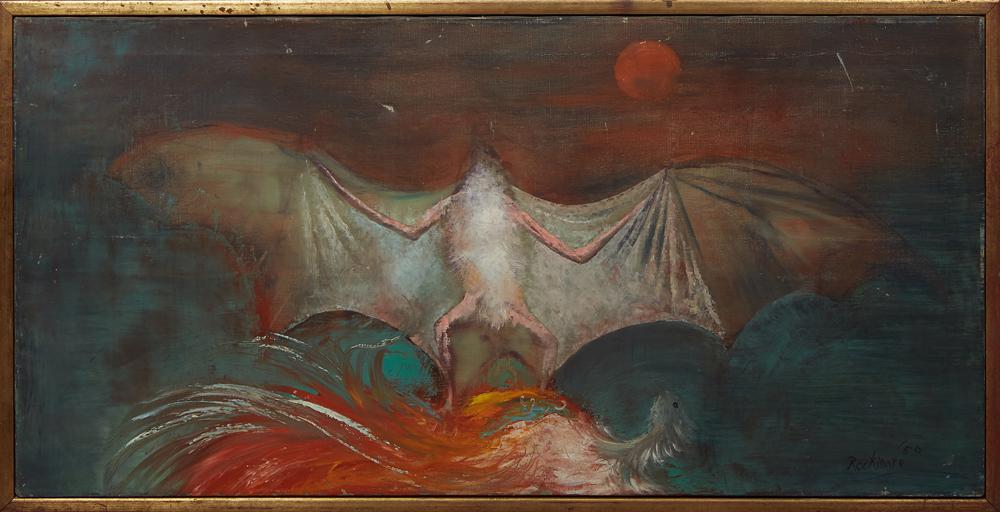 Noel Rockmore (1928-1995, New Orleans), "Bat," 1950,: Noel Rockmore (1928-1995, New Orleans), "Bat," 1950, acrylic on canvas, signed and dated lower right, with E. L. Borenstein Collection paperwork attached en verso, presented in a gilt frame, H.- 20 in