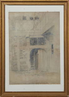 Ellsworth Woodward (1861-1939, Massachusetts/New: Ellsworth Woodward (1861-1939, Massachusetts/New Orleans), "German Courtyard Design," 20th c., ink on paper, signed lower right, titled lower left, presented in a gilt frame, H.- 13 in., W.- 9 in., Fr