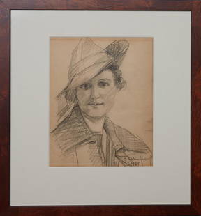 Ellsworth Woodward (1861-1939, Massachusetts/New: Ellsworth Woodward (1861-1939, Massachusetts/New Orleans), "Woman in a Hat," c. 1939, charcoal on paper, signed and dated lower right, label en verso, presented in a burled walnut frame, accompanied b
