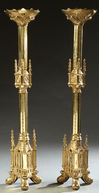 Pair of Gothic Style Gilt Brass Altar Candlesticks, (1 of 3)