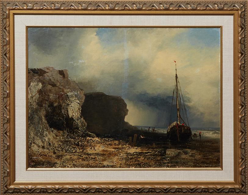 After Thomas Moran (1837-1926, American), "Ship at Low: After Thomas Moran (1837-1926, American), "Ship at Low Tide," 1855, oil on canvas mounted to board, signed and dated lower left, presented in a gilt frame, H.- 13 3/4 in., W.- 18 1/2 in., Framed H.- 1