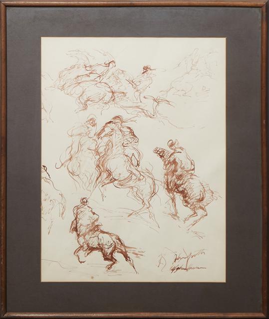 John Groth (1908-1988, Texas/New York/Illinois),: John Groth (1908-1988, Texas/New York/Illinois), "Afghan Horsemen," 20th c., ink on paper, signed indistinctly and titled lower right, presented in a wood frame, H.- 20 in., W.- 14 3/4 in., Framed H.-