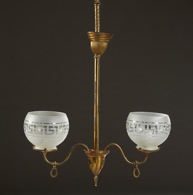 American Brass Two Light Gas Chandelier, early 20th c., (1 of 1)