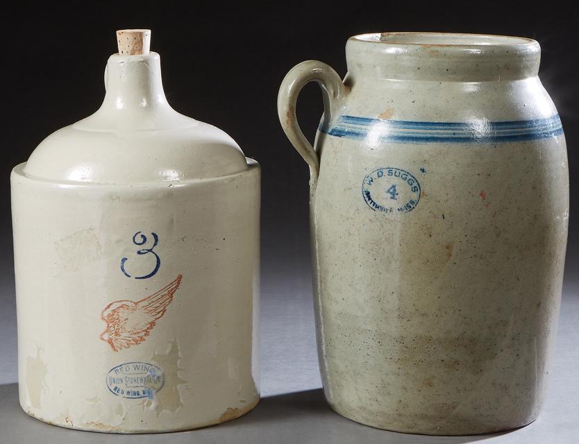 Two Pieces of American Pottery, 19th c., consisting of: Two Pieces of American Pottery, 19th c., consisting of a Red Wing Pottery #3 whiskey jug, Union Stoneware; and a #4 covered butter churn crock with blue line decoration, by W. D. Suggs, Smithville, Mi