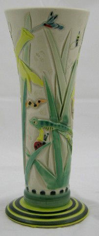Glazed Earthenware Tapering Footed Trumpet Vase, 20: Glazed Earthenware Tapering Footed Trumpet Vase, 20th c, with relief flowers, insects and a frog, H.- 9 in., Dia.- 3 3/4 in.
