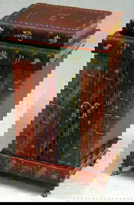 Unusual Carved Wood "Stacked Books" End Table, 20th: Unusual Carved Wood "Stacked Books" End Table, 20th c., by Maitland Smith, the drawer front and cupboard finished as book spines, with a plexiglass top, H.- 28 1/2 in., W.- 16 1/2 in., D.- 11 1/4 in.