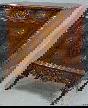 American Carved Inlaid Mahogany Tall Chest, c. 192: American Carved Inlaid Mahogany Tall Chest, c. 1920, by the Robert Irwin Company, Royal Furniture, with a long divided frieze drawer, over three deep drawers with a central elaborate inlaid cartouche,