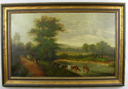 Hudson River School, "Cows Watering in a Stream, 1: Hudson River School, "Cows Watering in a Stream, 19th c., oil on canvas, framed, H.- 16 in., W.- 26 in.
