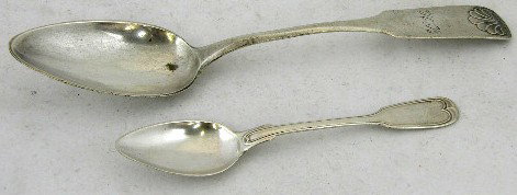 Two Coin Silver Spoons, 19th c., a fiddle thread t: Two Coin Silver Spoons, 19th c., a fiddle thread teaspoon, and a serving spoon with a relief shell on the handle, engraved, H. B., Wt.- 2.28 troy oz.