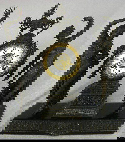 Ansonia Open Escapement Patinated Spelter Clock, c: Ansonia Open Escapement Patinated Spelter Clock, c. 1880, the drum shaped clock flanked by female figures, on a cast iron faux granite base, with an applied relief classical scene, H.- 21 in., W.- 18