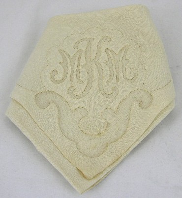 Newcomb College Linen Napkin, early 20th c., by Ma: Newcomb College Linen Napkin, early 20th c., by Margaret Miriam Kirk, elaborately monogrammed "MMK," H.- 18 in., W.- 18 in.