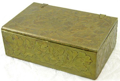 Large Newcomb College Hammered Brass Box, early 20: Large Newcomb College Hammered Brass Box, early 20th c., by Ethel Gastrel Warren, with relief oak leaf and acorn decoration, H.- 3 1/4 in., W.- 9 3/4 in., D.- 6 1/4 in.
