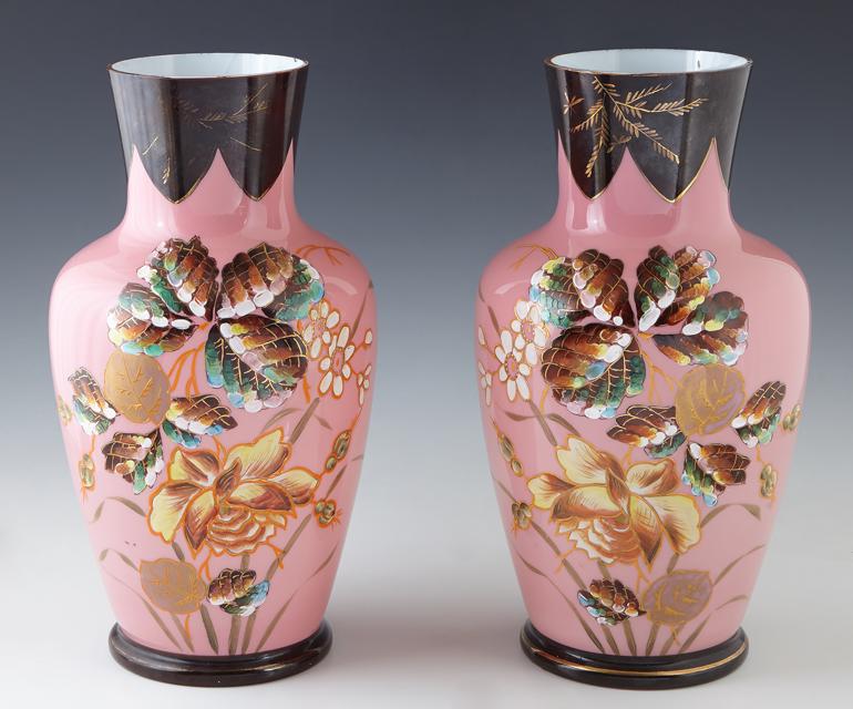 Pair of English Pink Bristol Baluster Vases, c. 1880, (1 of 3)