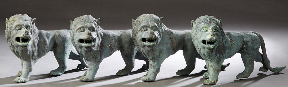 Group of Four Green Patinated Bronze Lions, 20th c., (1 of 1)