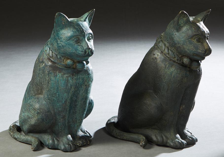 Pair of Green Patinated Brass Seated Cat Figures, 20th (1 of 1)