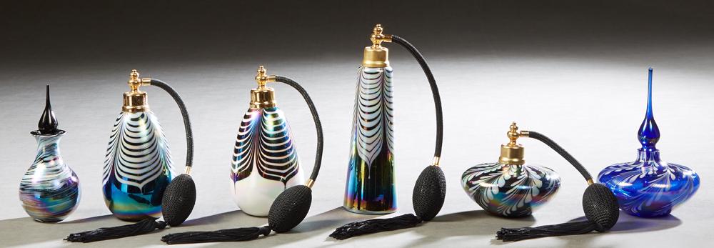 Group of Six Art Glass Perfume Bottles, 20th c., (1 of 1)