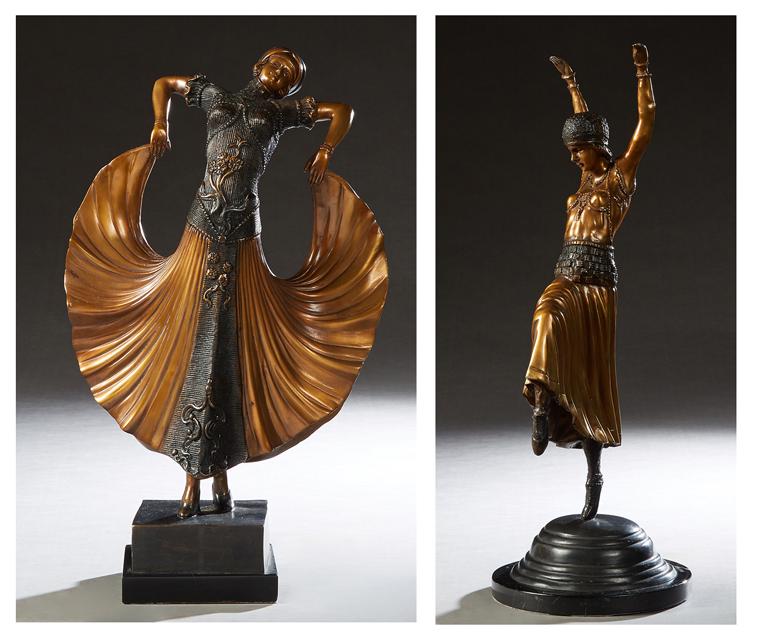 Two Erte Style Patinated Bronze Dancers, 20th c., on a (1 of 3)