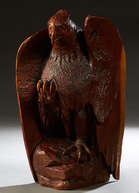 Large Carved Wooden Perched Eagle, 20th c., on an (1 of 2)