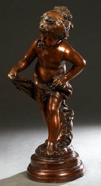 Continental School, "Putto After the Bath," 20th c.,: Continental School, "Putto After the Bath," 20th c., patinated bronze on an integral stepped circular base, H.- 27 1/2 in., W.- 10 in., D.- 11 in. Provenance: Palmira, the Estate of Sarkis Kaltakdjian