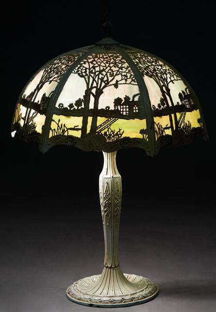 American Polychromed Spelter Lamp, early 20th c., with (1 of 4)