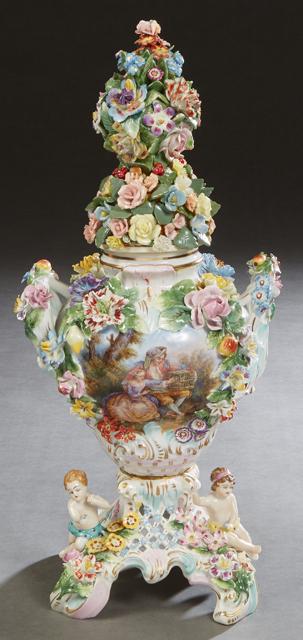 Dresden Style Covered Porcelain Urn, 20th c., with a (1 of 3)