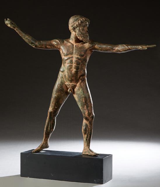 Continental School, "Zeus of Artemis," 20th c.,: Continental School, "Zeus of Artemis," 20th c., patinated bronze, on an ebonized plinth, after the fifth century BC original, recovered from the sea and now in the National Archeological Museum in Ath
