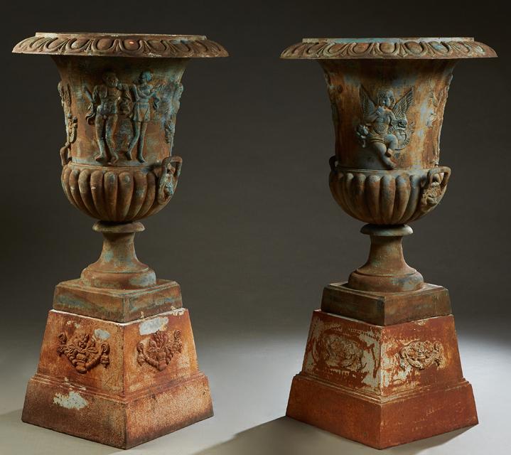 Pair of Large Cast Iron Campana Form Garden Urns, 20th (1 of 1)