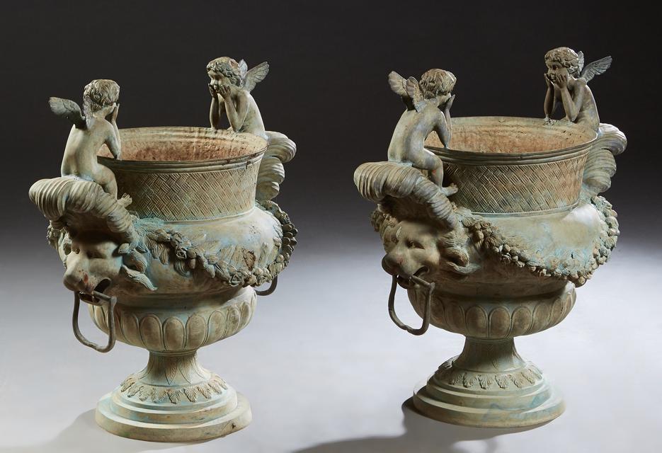 Pair of Patinated Bronze Figural Baluster Garden Urns, (1 of 1)