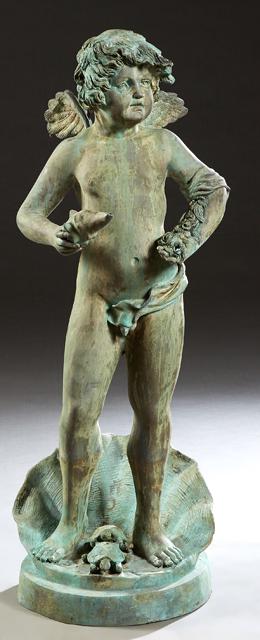 Patinated Bronze Fountain Figure, 20th c., of a winged: Patinated Bronze Fountain Figure, 20th c., of a winged putto holding a shell, standing on a large shell with a turtle between his feet, H.- 45 in., W.- 16 1/2 in., D.- 18 in. Provenance: Palmira, the