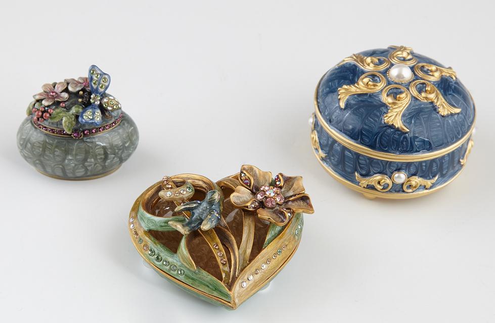 Three Enameled Pillboxes, 20th c., one Jay Strongwater (1 of 2)