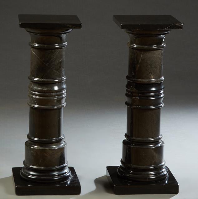 Pair of Figured Black Marble Low Pedestals, 20th c., (1 of 1)