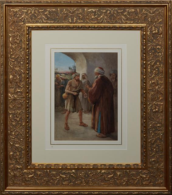 Evelyn Stuart Hardy (1866-1935, British), "The Beggar,": Evelyn Stuart Hardy (1866-1935, British), "The Beggar," 20th c., watercolor on paper, signed lower left, presented in a gilt frame, H.- 19 1/2 in., W.- 13 1/2 in., Framed H.- 43 in., W.- 37 in. Proven