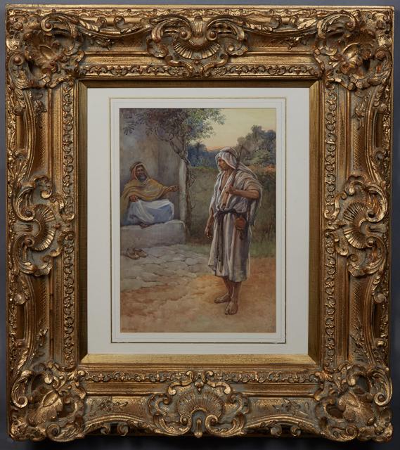 Evelyn Stuart Hardy (1866-1935, British), "The Beggar: Evelyn Stuart Hardy (1866-1935, British), "The Beggar and the Bedouin," 20th c., watercolor on paper, signed lower left, presented in a gilt frame, H.- 19 1/4 in., W.- 13 1/4 in., Framed H.- 37 1/4 in