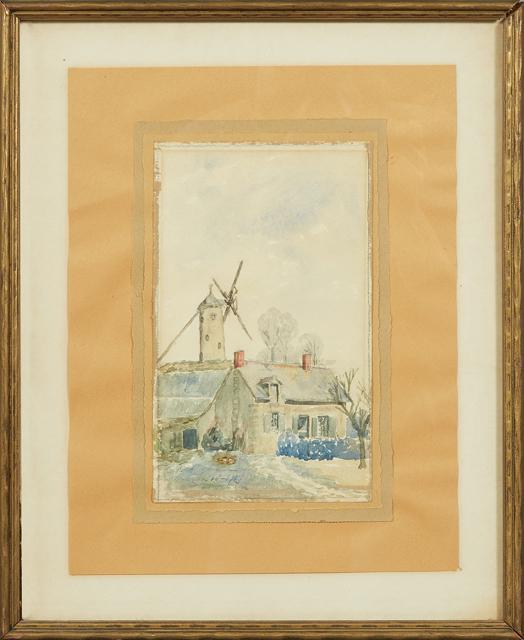 Continental School, "Farmhouse and Windmill," early: Continental School, "Farmhouse and Windmill," early 20th c., watercolor on paper, signed and dated indistinctly lower left, presented in a gilt frame, H.- 8 7/16 in., W.- 5 1/8 in., Framed H.- 15 1/4 