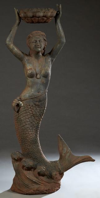 Cast Iron Garden Figure, 20th c., of a mermaid holding (1 of 1)