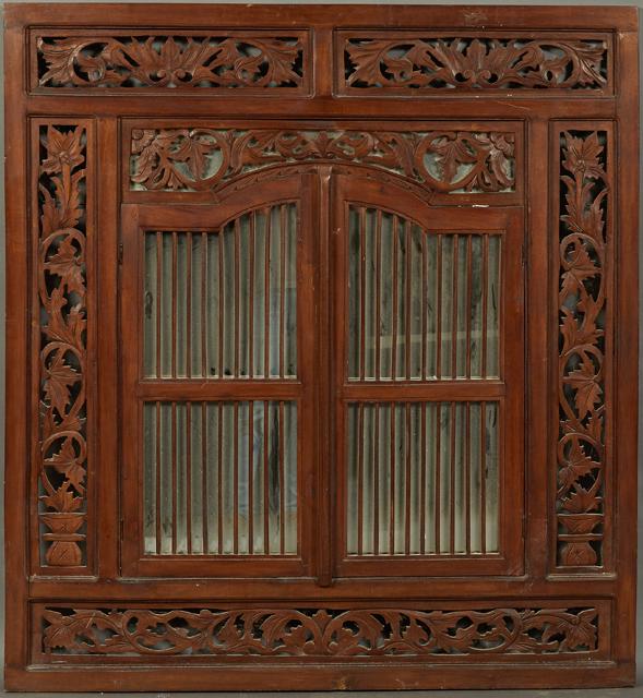 Oriental Carved Mahogany Window Frame, 20th c., with (1 of 2)