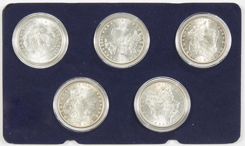 Cased Set of Five Bank Uncirculated Morgan Silver (1 of 2)