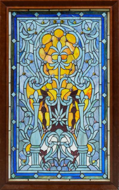 Victorian Style Leaded Glass Window, late 20th/21st c.,: Victorian Style Leaded Glass Window, late 20th/21st c., with slag glass and cabochon "jewels," mounted in a mahogany frame, H.- 37 7/8 in., W.- 24 in., D.- 1 in.